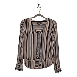 LULUS NEW $58 V-Neck Striped Button Down Blouse Hi-low Hem & Knotted Accent‎ XS